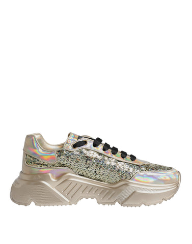 Dolce & Gabbana gold sequin iridescent Daymaster sneakers showing shiny sequin details and sporty sneaker design.