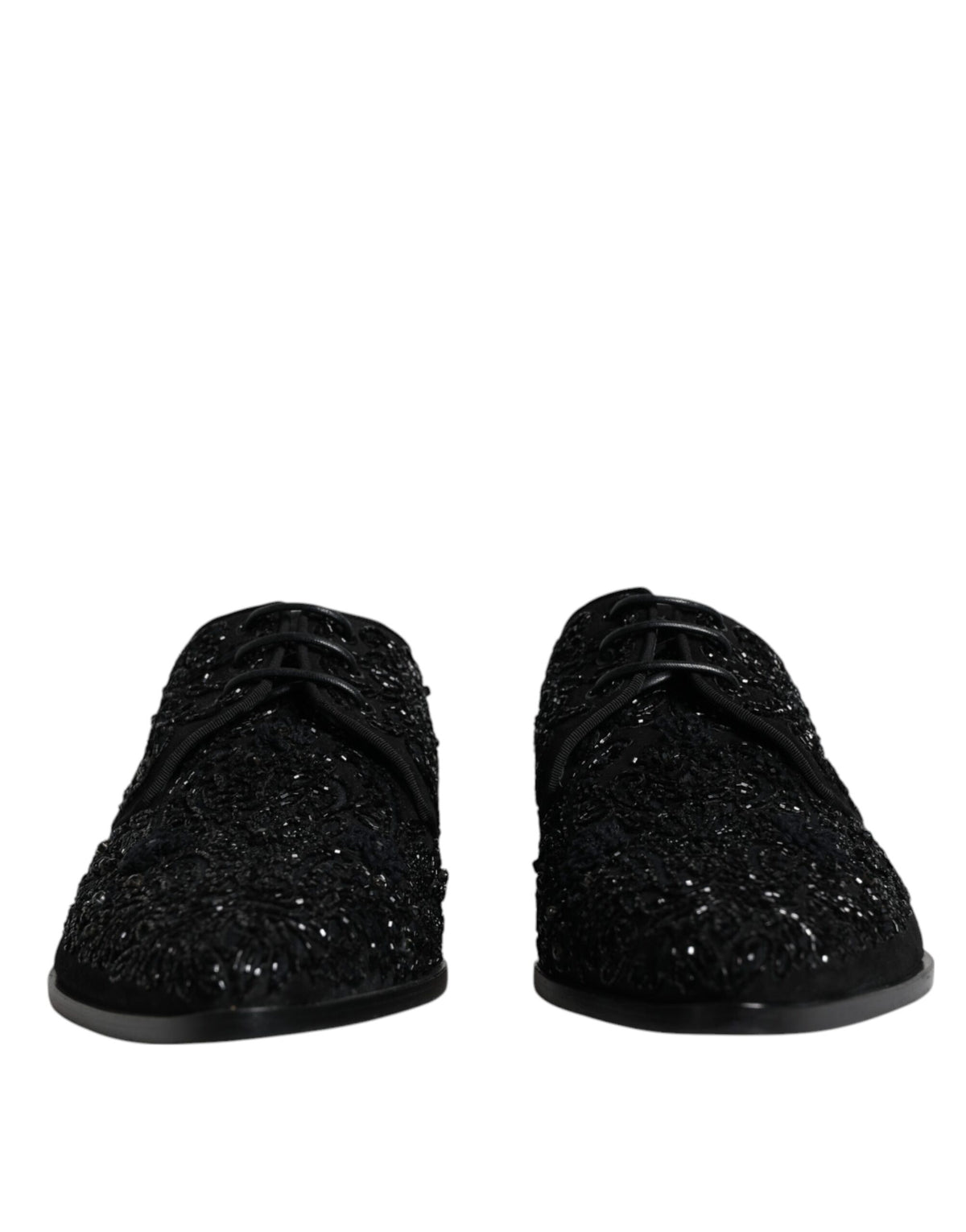 Black embellished suede Derby formal shoes by Dolce & Gabbana with decorative details and sleek design.