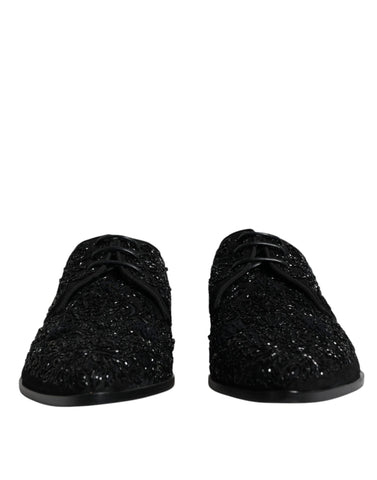 Black embellished suede Derby formal shoes by Dolce & Gabbana with decorative details and sleek design.