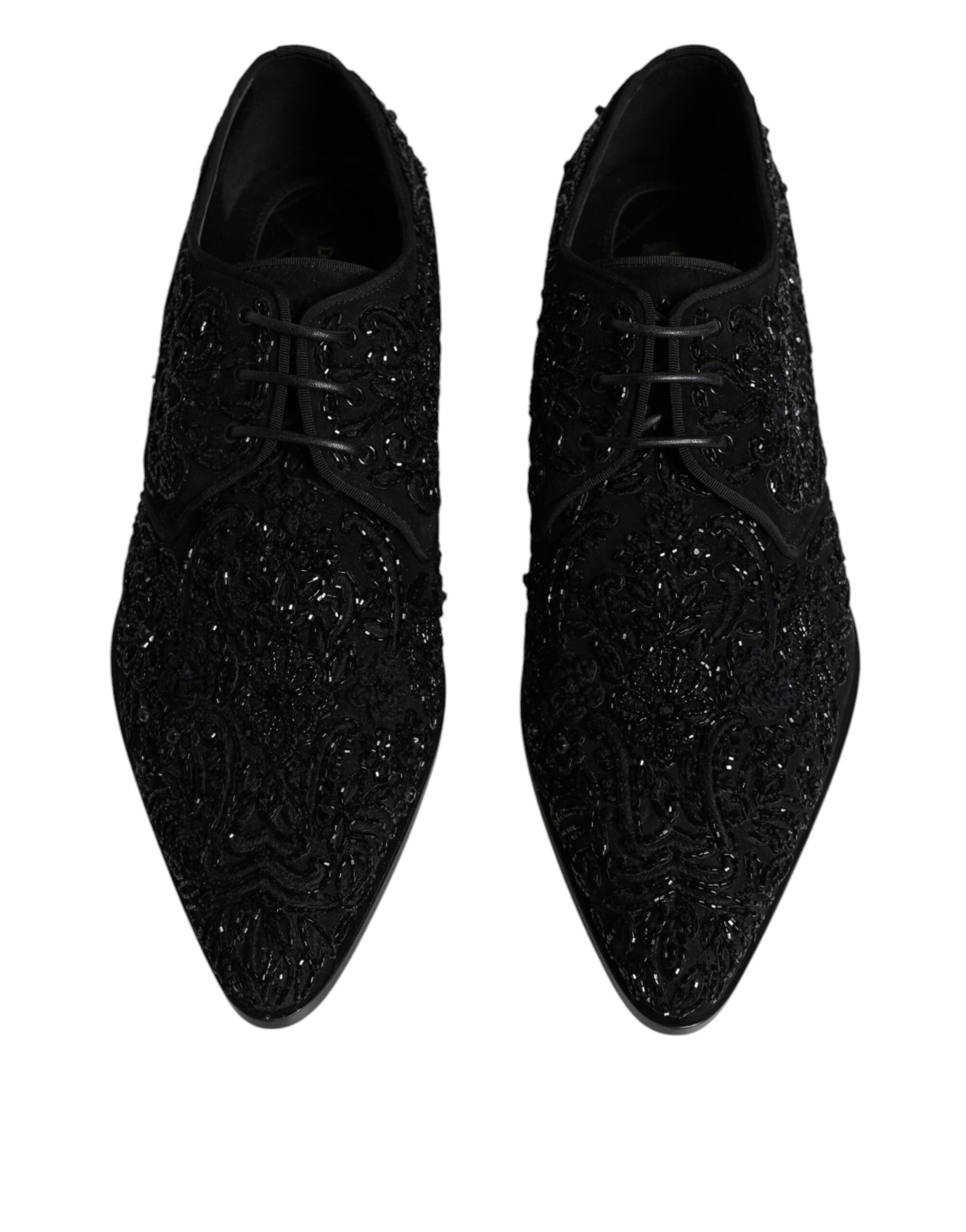 Black embellished suede derby formal shoes by Dolce & Gabbana featuring intricate detailing and a polished finish.