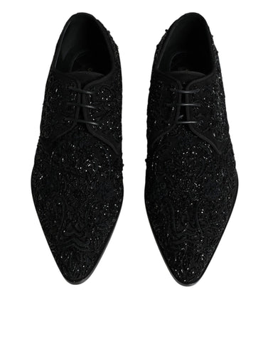 Black embellished suede derby formal shoes by Dolce & Gabbana featuring intricate detailing and a polished finish.