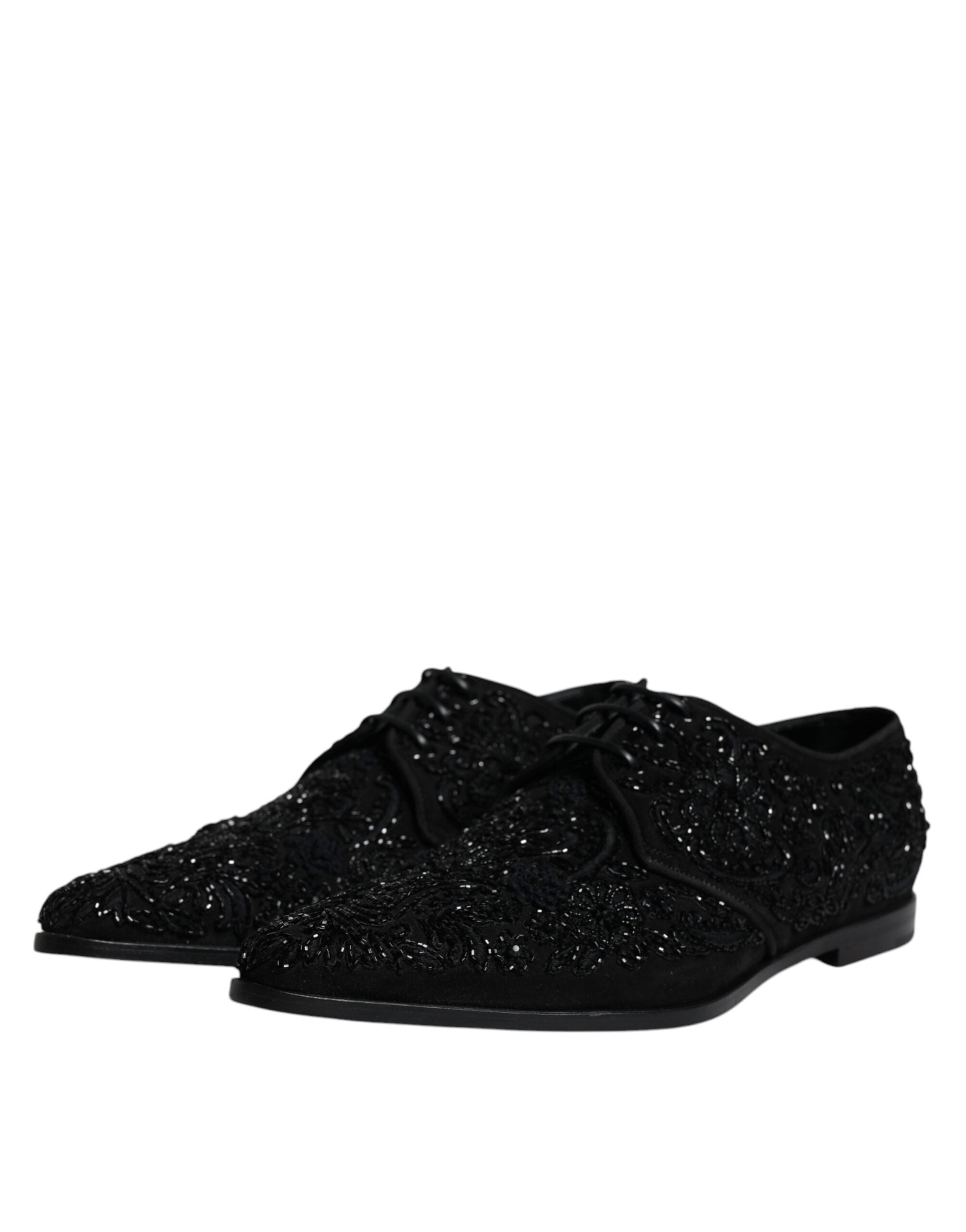 Black embellished suede Derby formal shoes by Dolce & Gabbana, featuring decorative detailing and classic lace-up design.