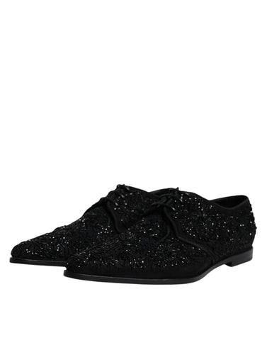Black embellished suede Derby formal shoes by Dolce & Gabbana, featuring decorative detailing and classic lace-up design.