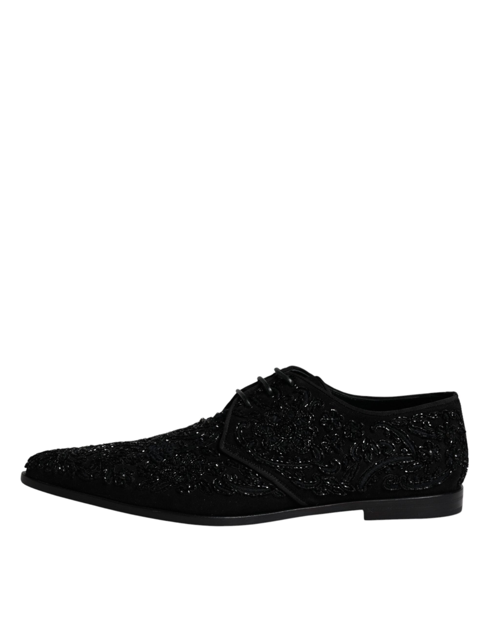 Black embellished suede Derby formal shoes by Dolce & Gabbana, featuring detailed embellishments and classic lace-up design.