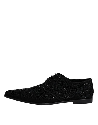Black embellished suede Derby formal shoes by Dolce & Gabbana, featuring detailed embellishments and classic lace-up design.