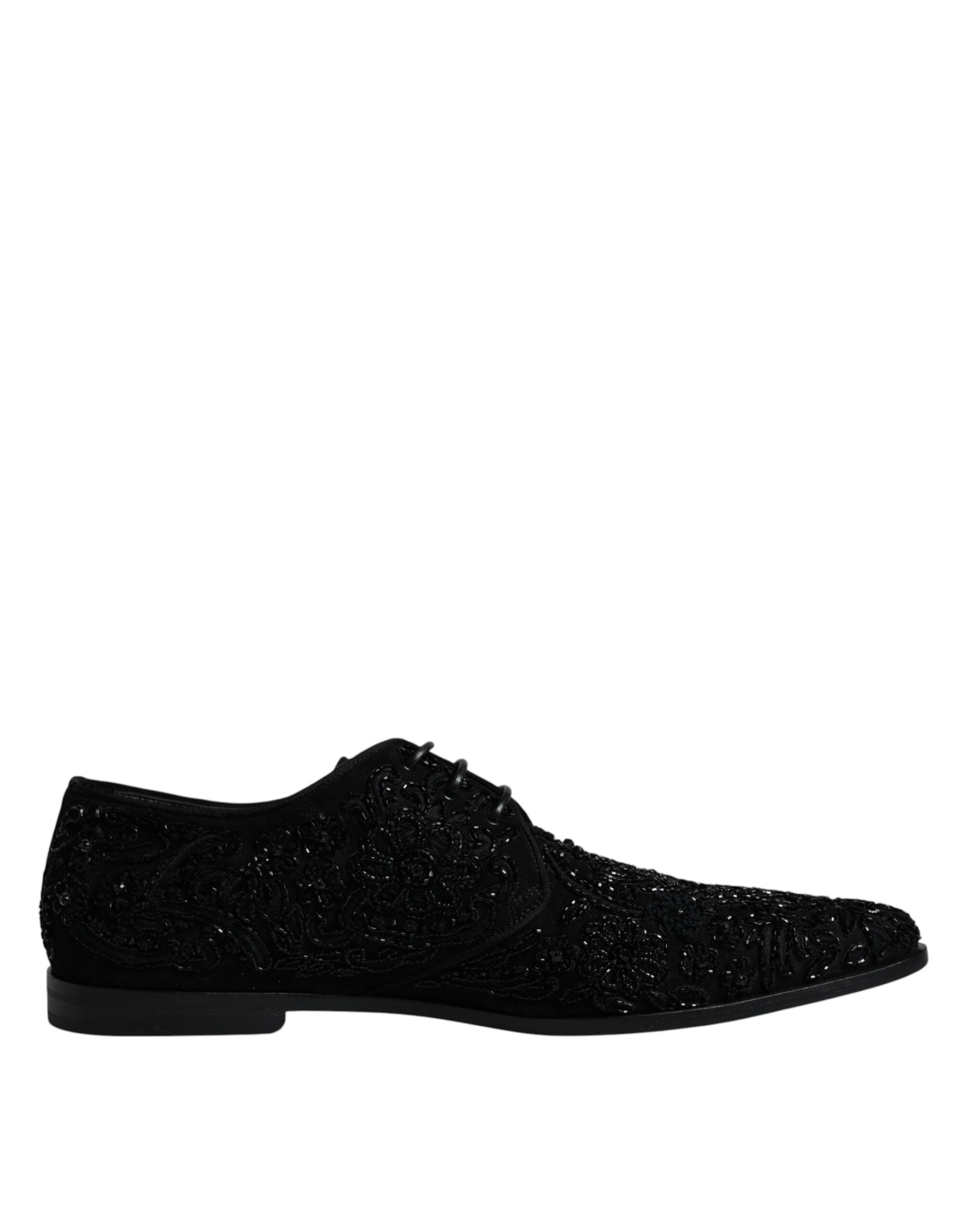Black embellished suede Derby formal shoes by Dolce & Gabbana with decorative details and classic lace-up design.