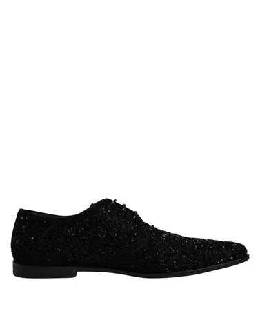 Black embellished suede Derby shoes by Dolce & Gabbana with decorative detailing and classic formal design.