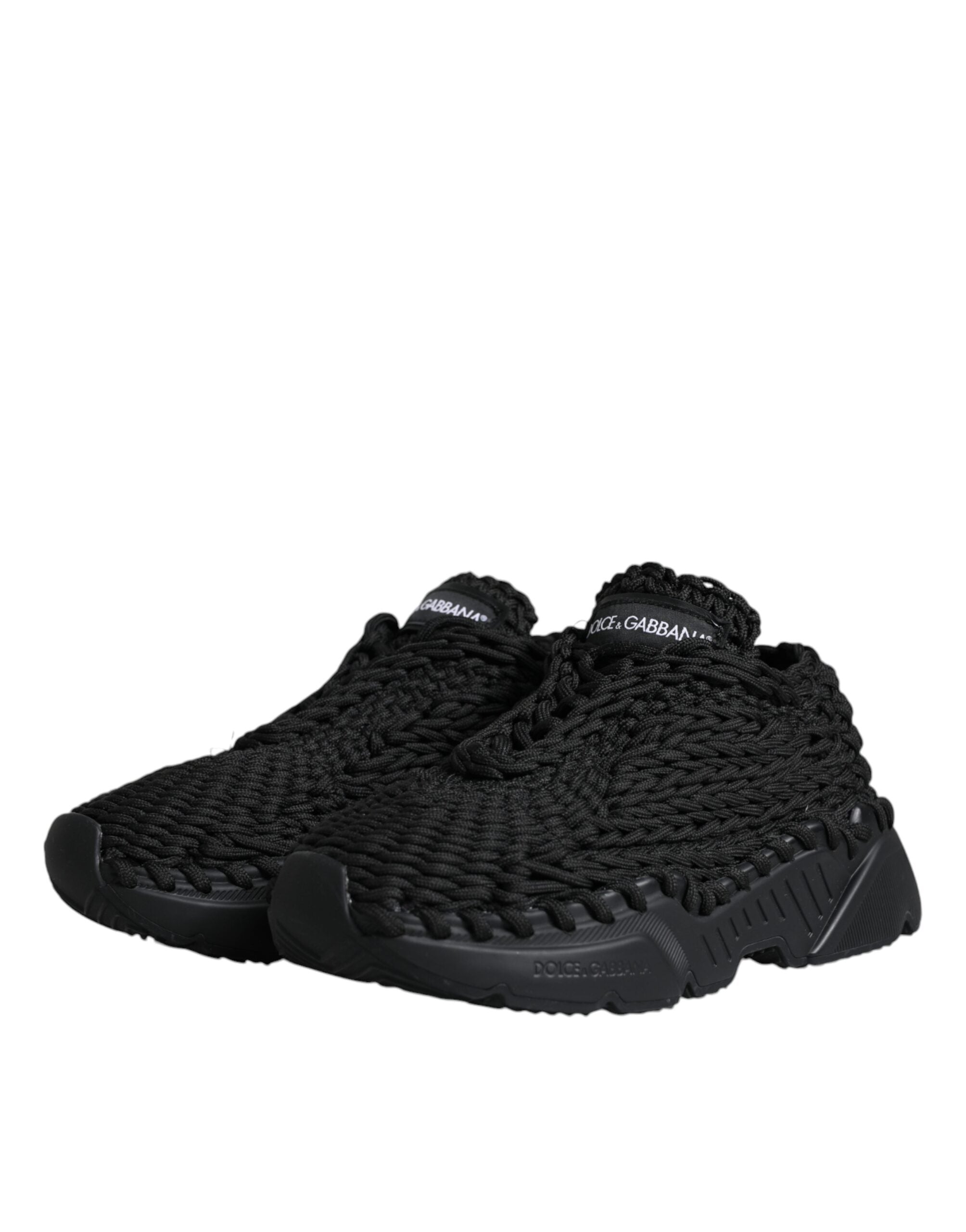 Black knitted Daymaster sneakers by Dolce & Gabbana, showcasing a close-up of the stylish, textured knit shoe design.