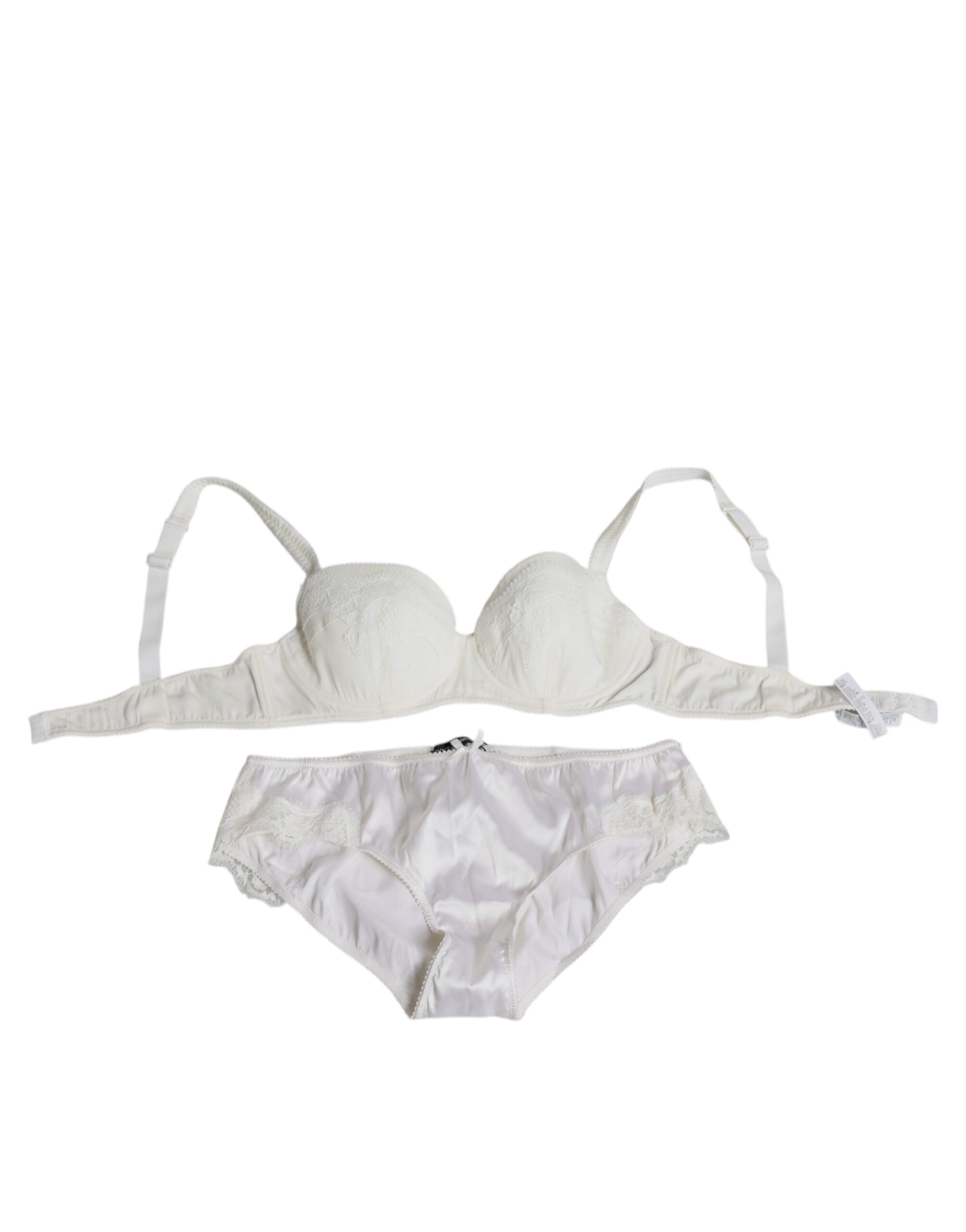 White silk stretch panty and balconette bra set from Dolce & Gabbana, showing smooth fabric and elegant lingerie design.