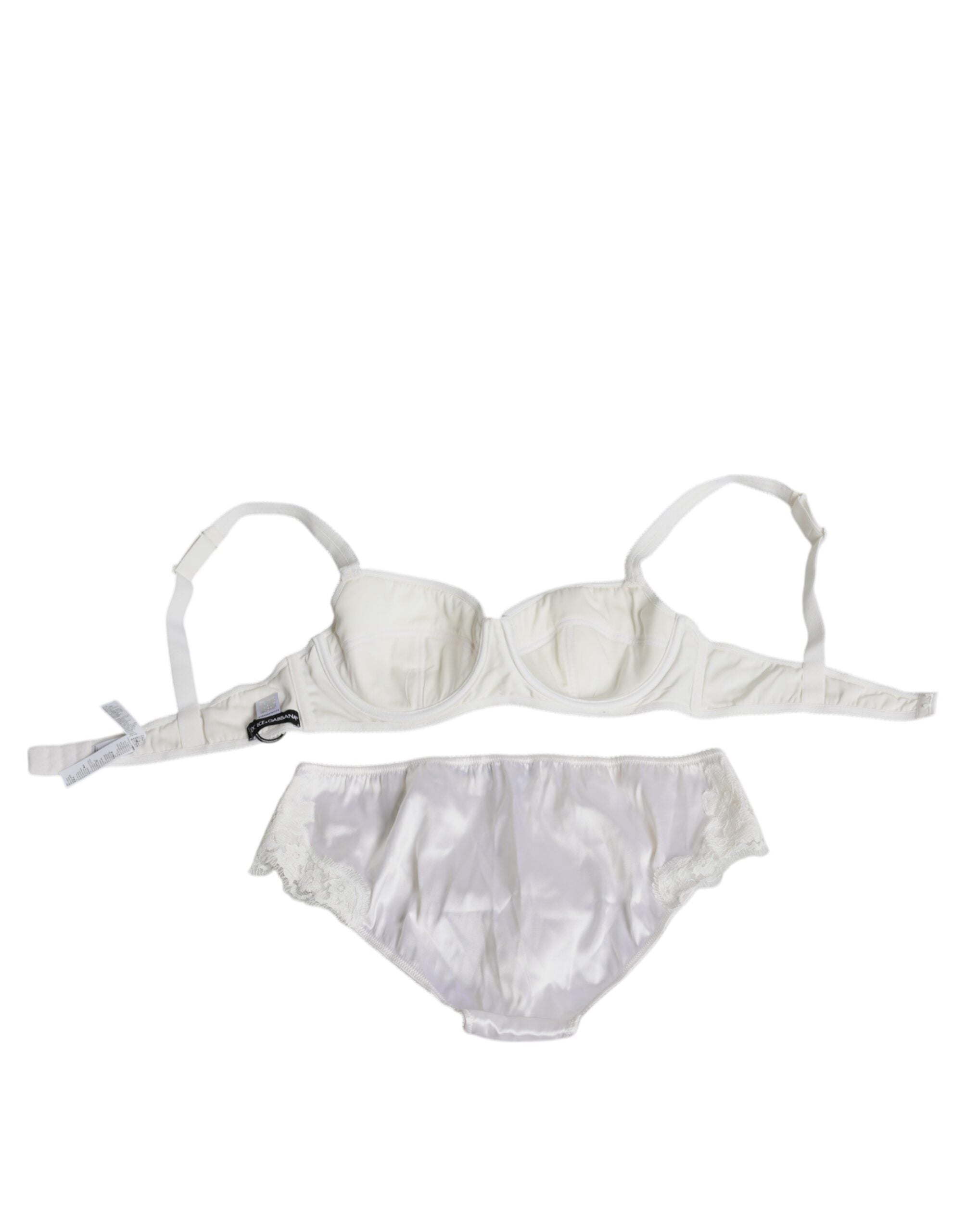 White silk stretch panty and balconette bra set by Dolce & Gabbana, featuring smooth fabric and elegant design.
