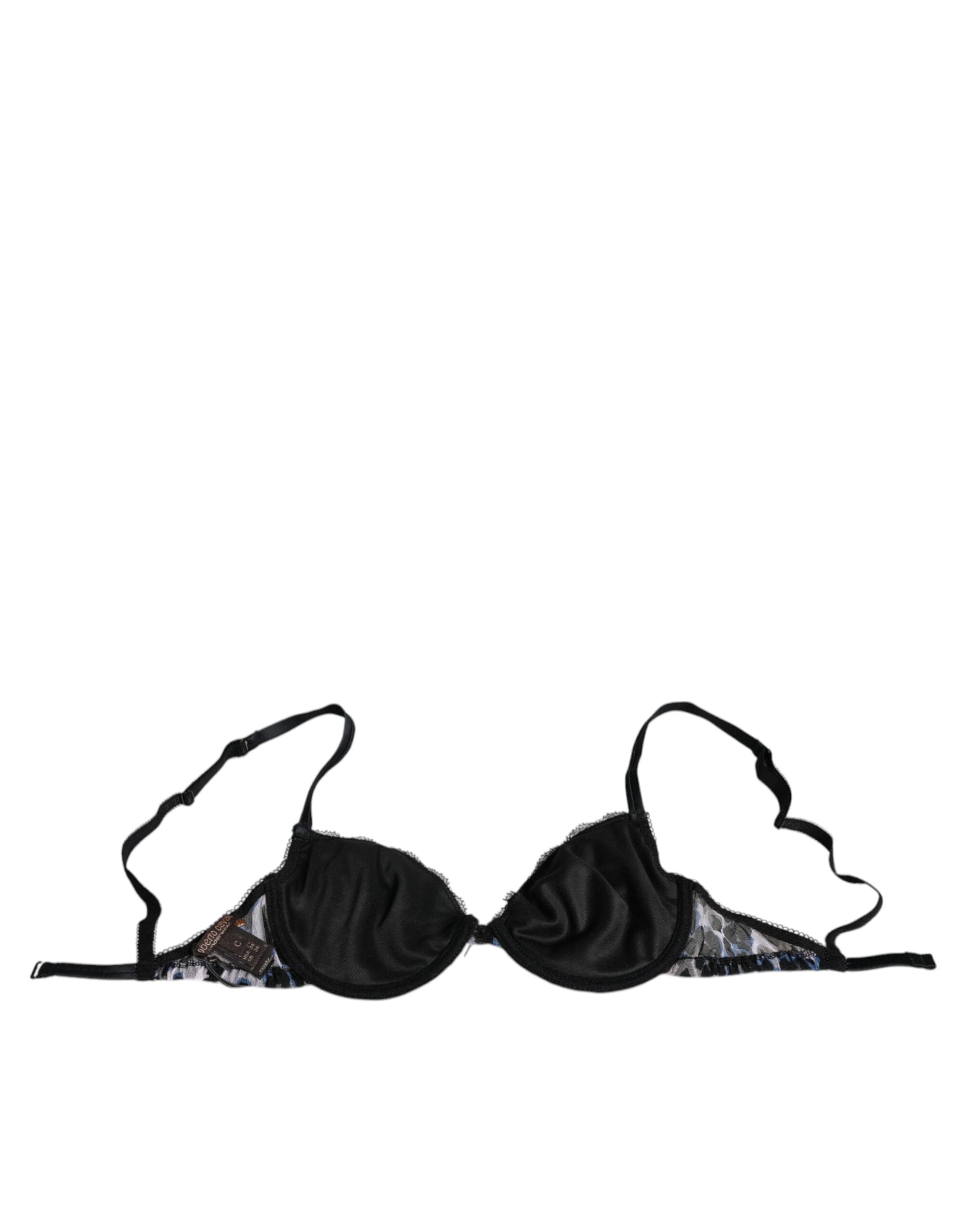 White leopard print Roberto Cavalli push-up bra with underwire and adjustable straps, designed for a flattering fit.