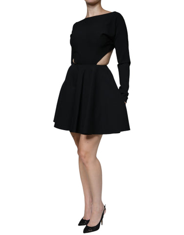 Black viscose cut-out A-line mini dress with long sleeves by Dolce & Gabbana, featuring stylish design details.
