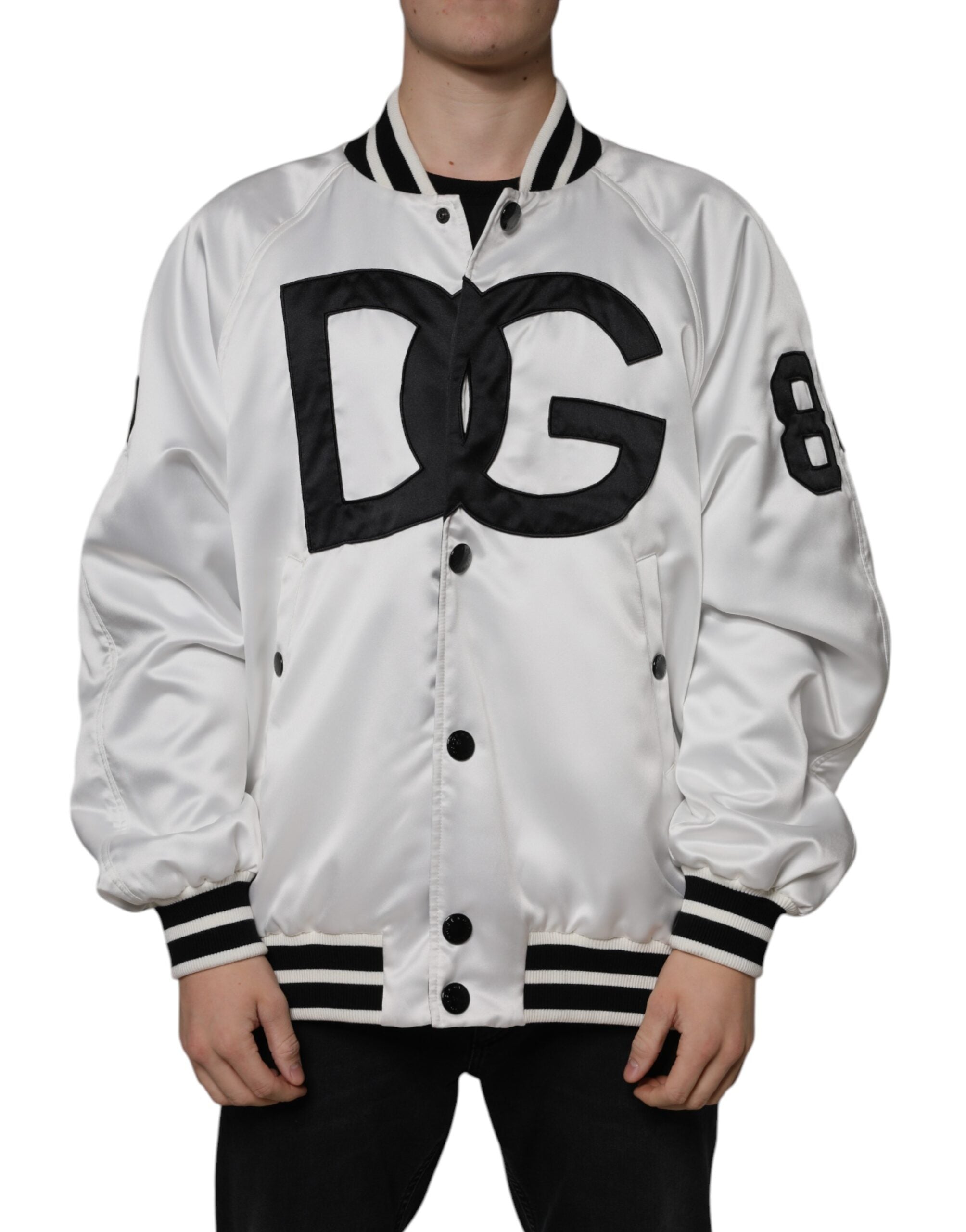 White polyester bomber jacket with full zipper and Dolce & Gabbana logo, stylish men's casual outerwear.