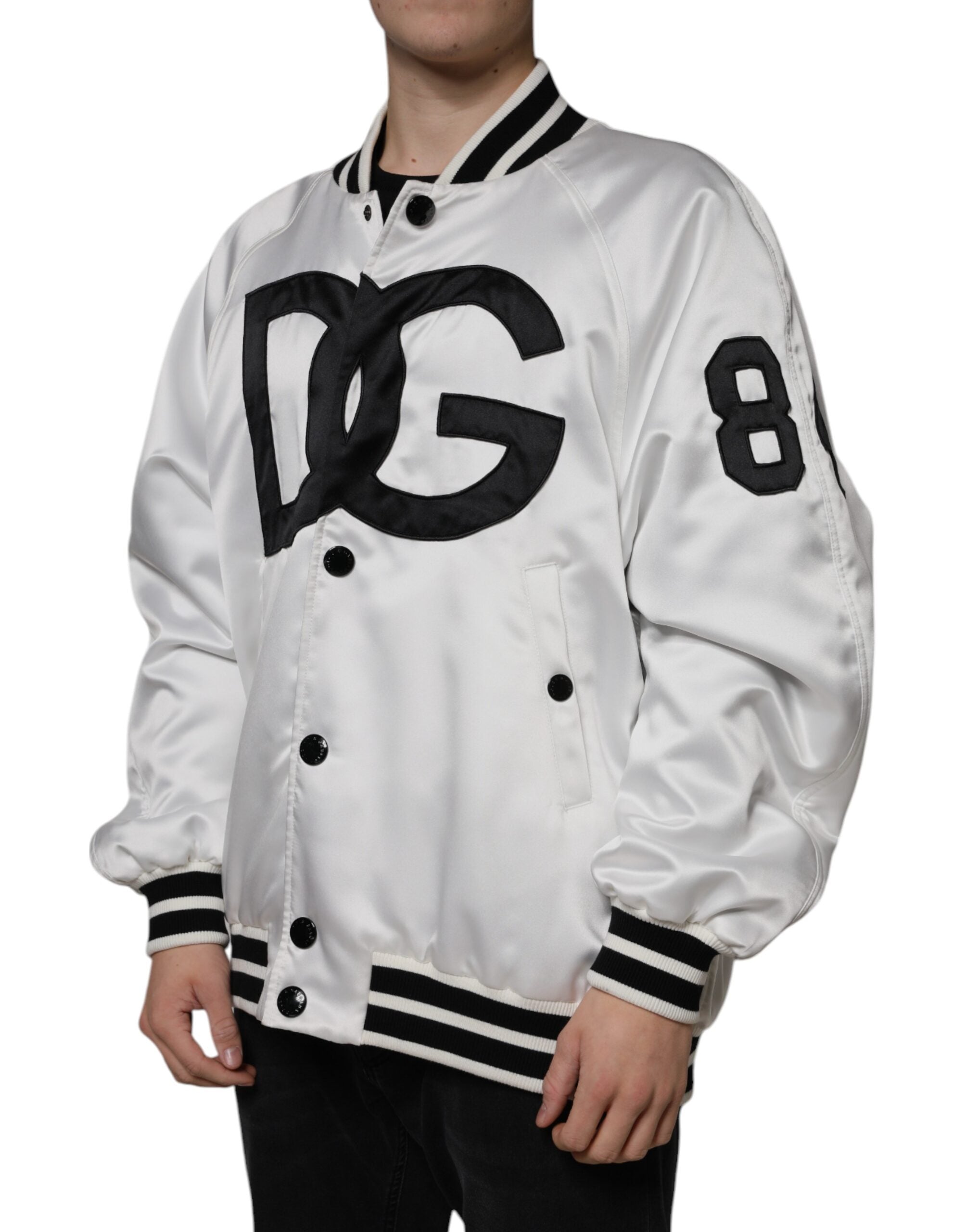 White polyester Dolce & Gabbana logo full-zip bomber jacket with ribbed cuffs and collar, front pockets, and sleek design.