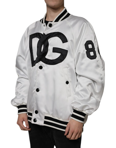 White polyester Dolce & Gabbana logo full-zip bomber jacket with ribbed cuffs and collar, front pockets, and sleek design.
