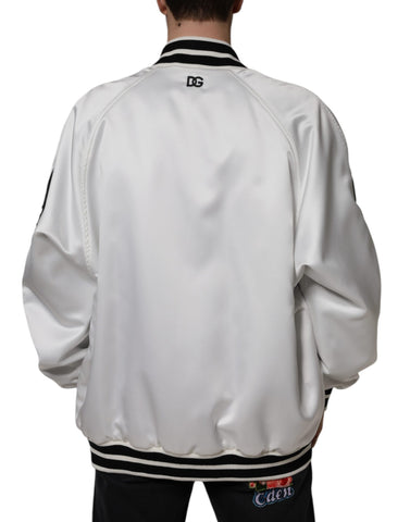 White polyester logo full zip bomber jacket by Dolce & Gabbana, featuring a sleek design and front zipper detail.
