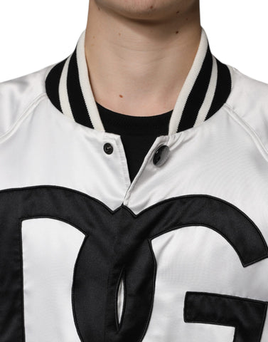 White Dolce & Gabbana polyester bomber jacket with full zip and logo detail, casual outerwear for men or women.