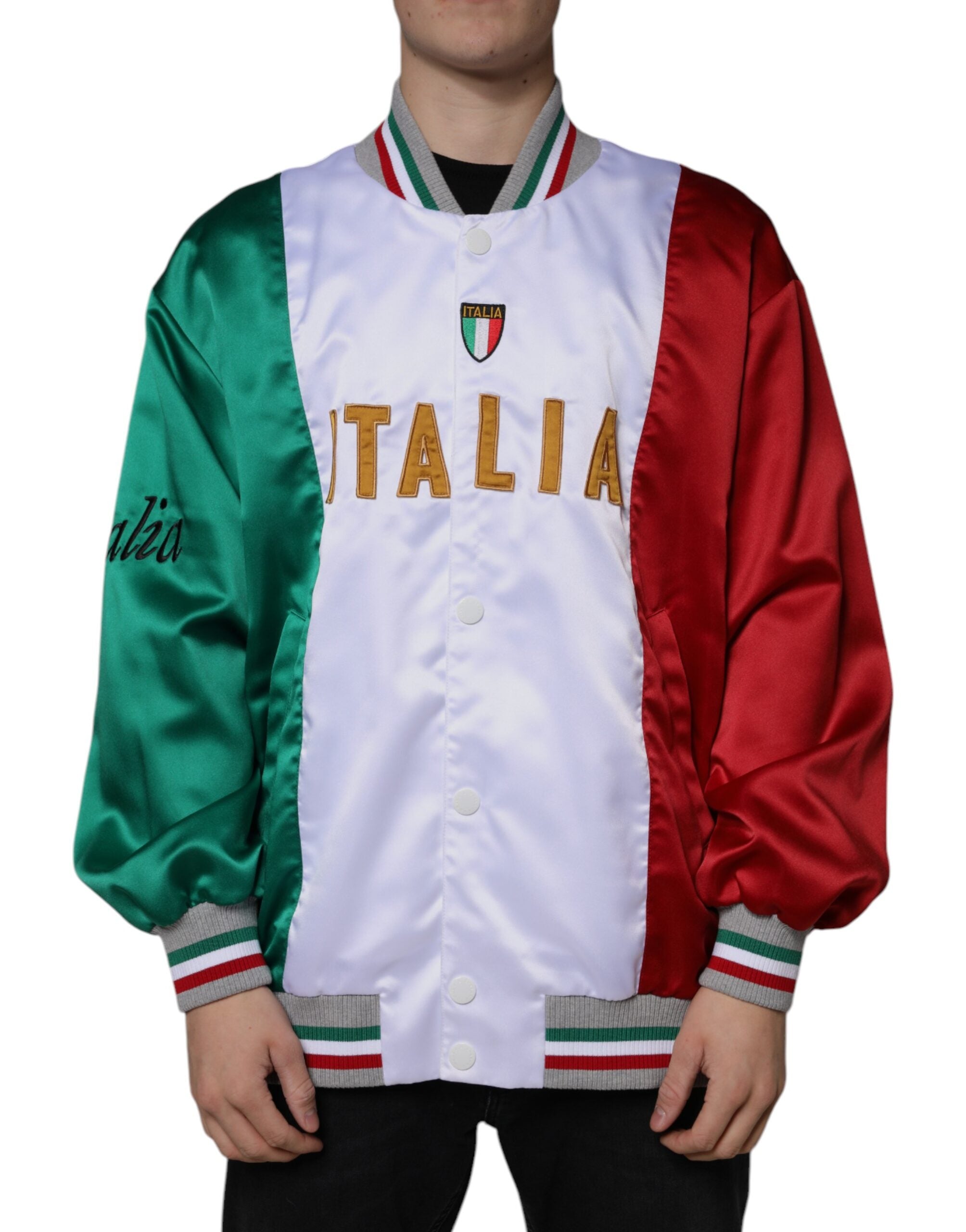 Multicolor Italia button-down bomber jacket by Dolce & Gabbana featuring vibrant fabric and classic collar design.