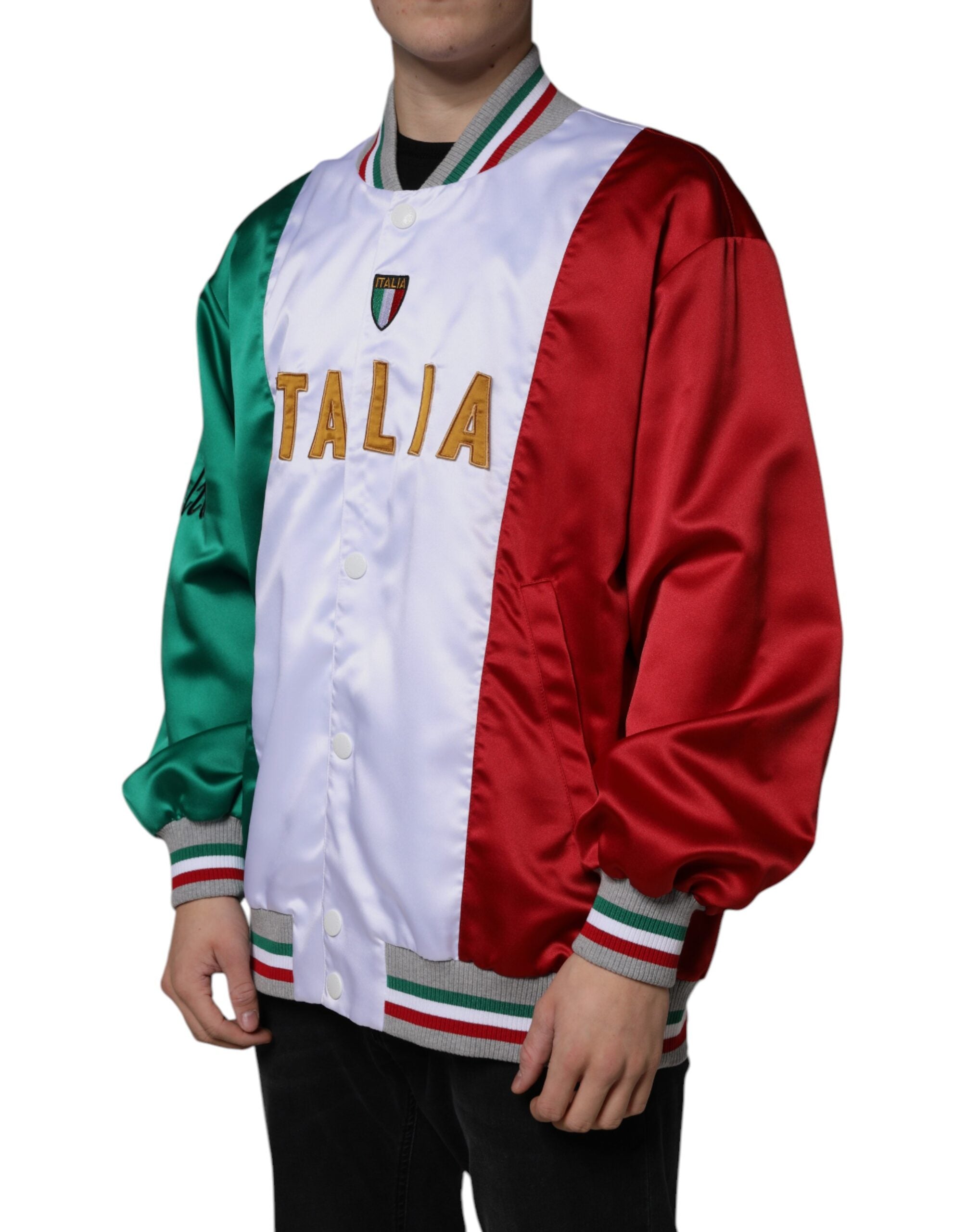 Multicolor Italia button-down bomber jacket by Dolce & Gabbana featuring vibrant fabric and classic fit, displayed on a hanger.