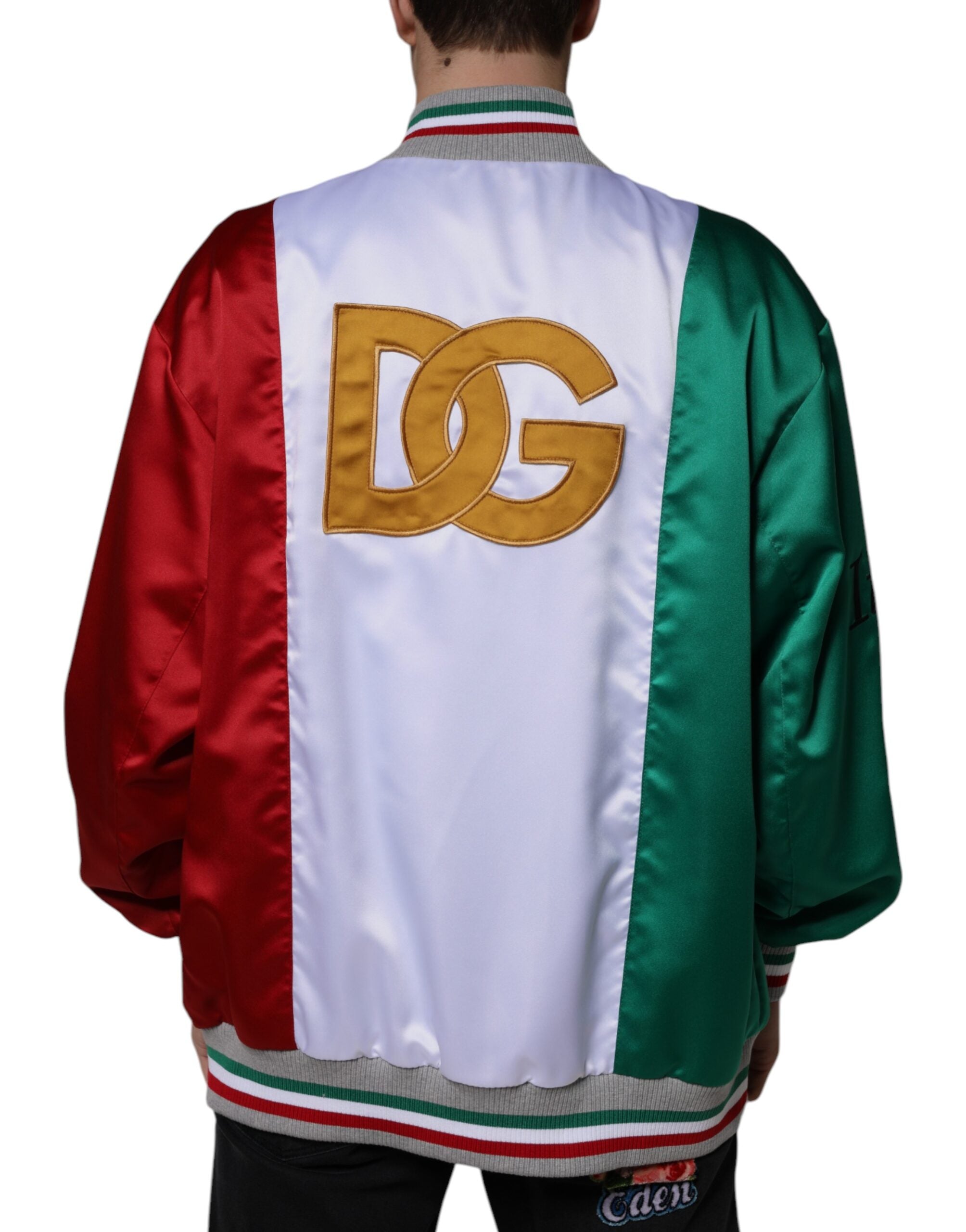 Multicolor Italia button-down bomber jacket by Dolce & Gabbana featuring vibrant patchwork and a classic fit.