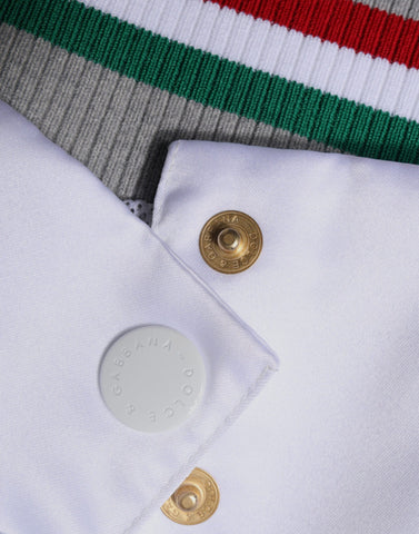 Multicolor Italia button-down bomber jacket by Dolce & Gabbana with vibrant pattern and classic ribbed collar and cuffs.
