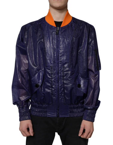 Blue cotton stretch full zip bomber jacket by Dolce & Gabbana, shown on a hanger with visible zip and ribbed cuffs.