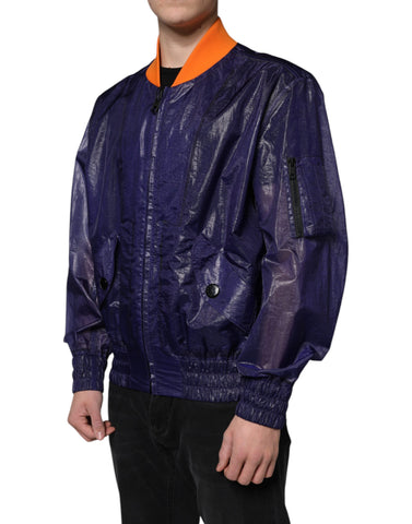 Blue cotton stretch full zip bomber jacket by Dolce & Gabbana with ribbed cuffs and collar, displayed on a hanger.
