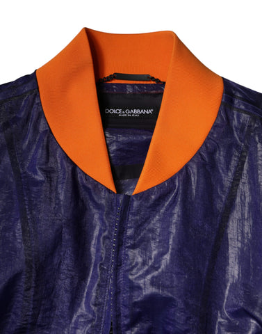Blue cotton stretch full zip bomber jacket by Dolce & Gabbana with ribbed cuffs and collar, displayed on a hanger.