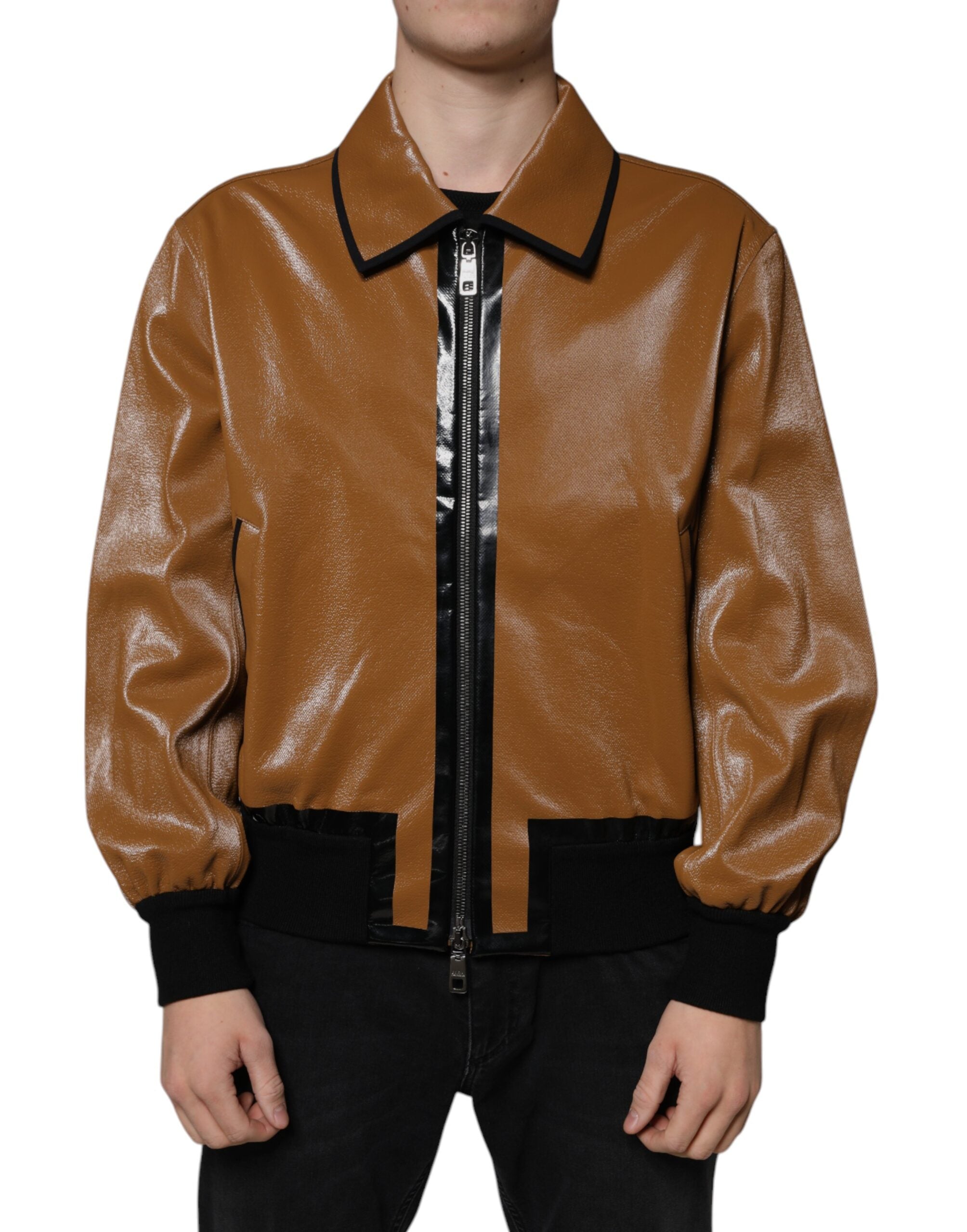 Brown leather full zip men's bomber jacket by Dolce & Gabbana, showing the front with a high collar and zip closure.
