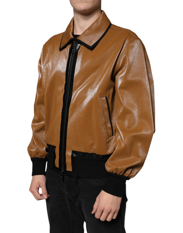 Brown leather men's bomber jacket with full zip closure by Dolce & Gabbana, featuring a classic style and smooth texture.