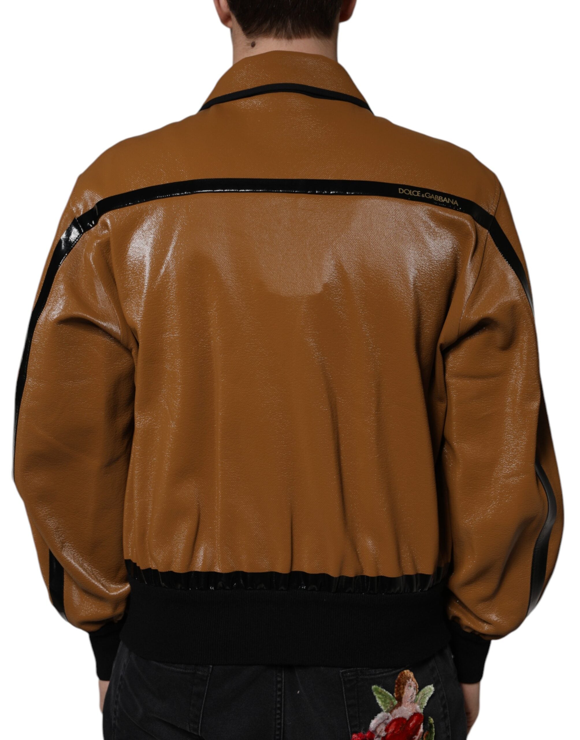 Brown leather full zip bomber jacket for men by Dolce & Gabbana, featuring a sleek design and full front zipper.