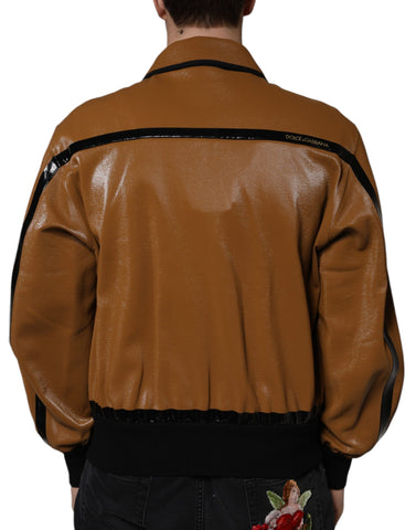 Brown leather full zip bomber jacket for men by Dolce & Gabbana, featuring a sleek design and full front zipper.