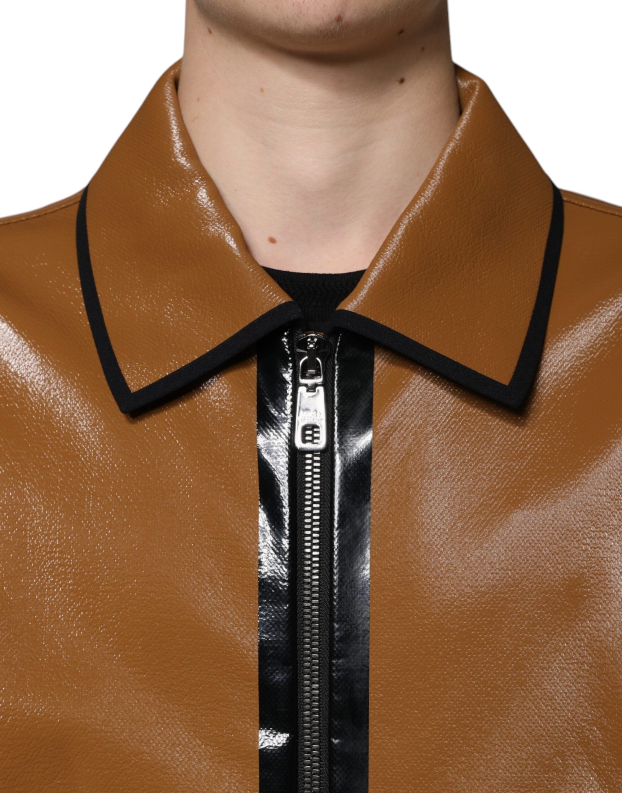 Brown leather full zip men's bomber jacket by Dolce & Gabbana, featuring a stylish design and classic collar detail.