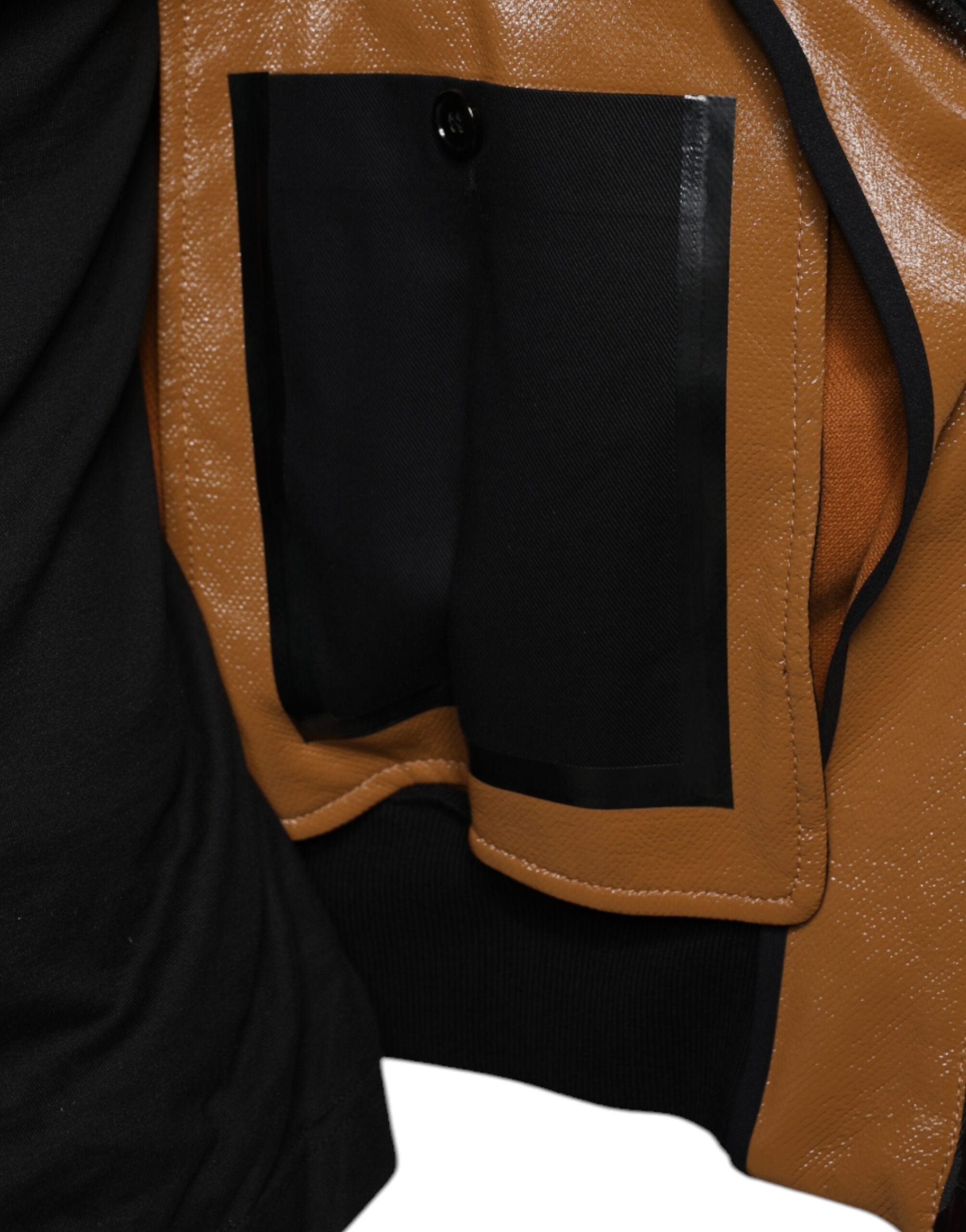 Brown leather full-zip men's bomber jacket by Dolce & Gabbana, shown with front view and detailed collar.