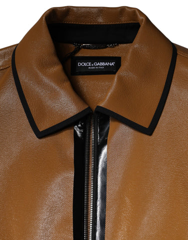 Brown leather full zip men's bomber jacket by Dolce & Gabbana with a sleek design and ribbed cuffs.