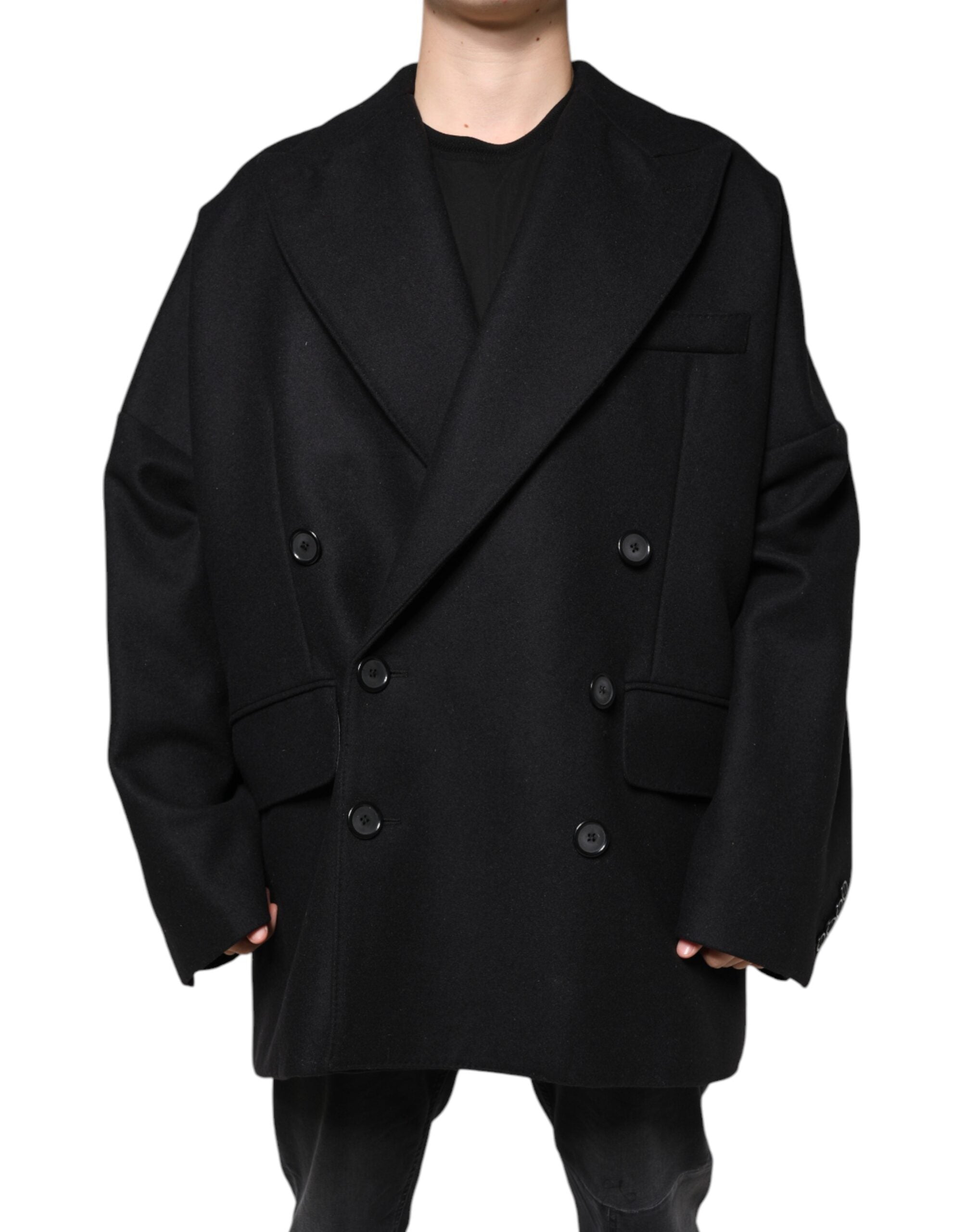 Black wool double-breasted men's coat by Dolce & Gabbana, shown with lapels and tailored fit.