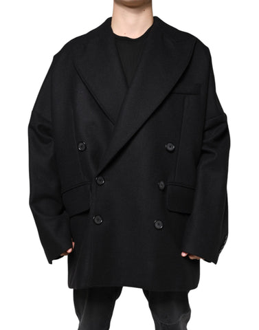 Black wool double-breasted men's coat by Dolce & Gabbana, shown with lapels and tailored fit.