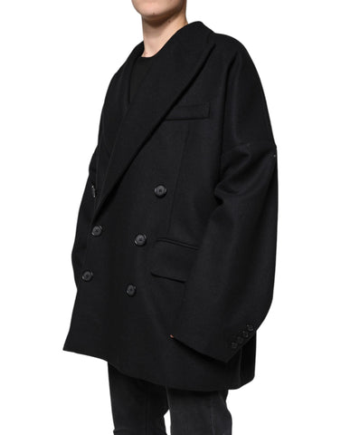 Black wool double-breasted men's coat jacket by Dolce & Gabbana, featuring classic design and tailored fit.