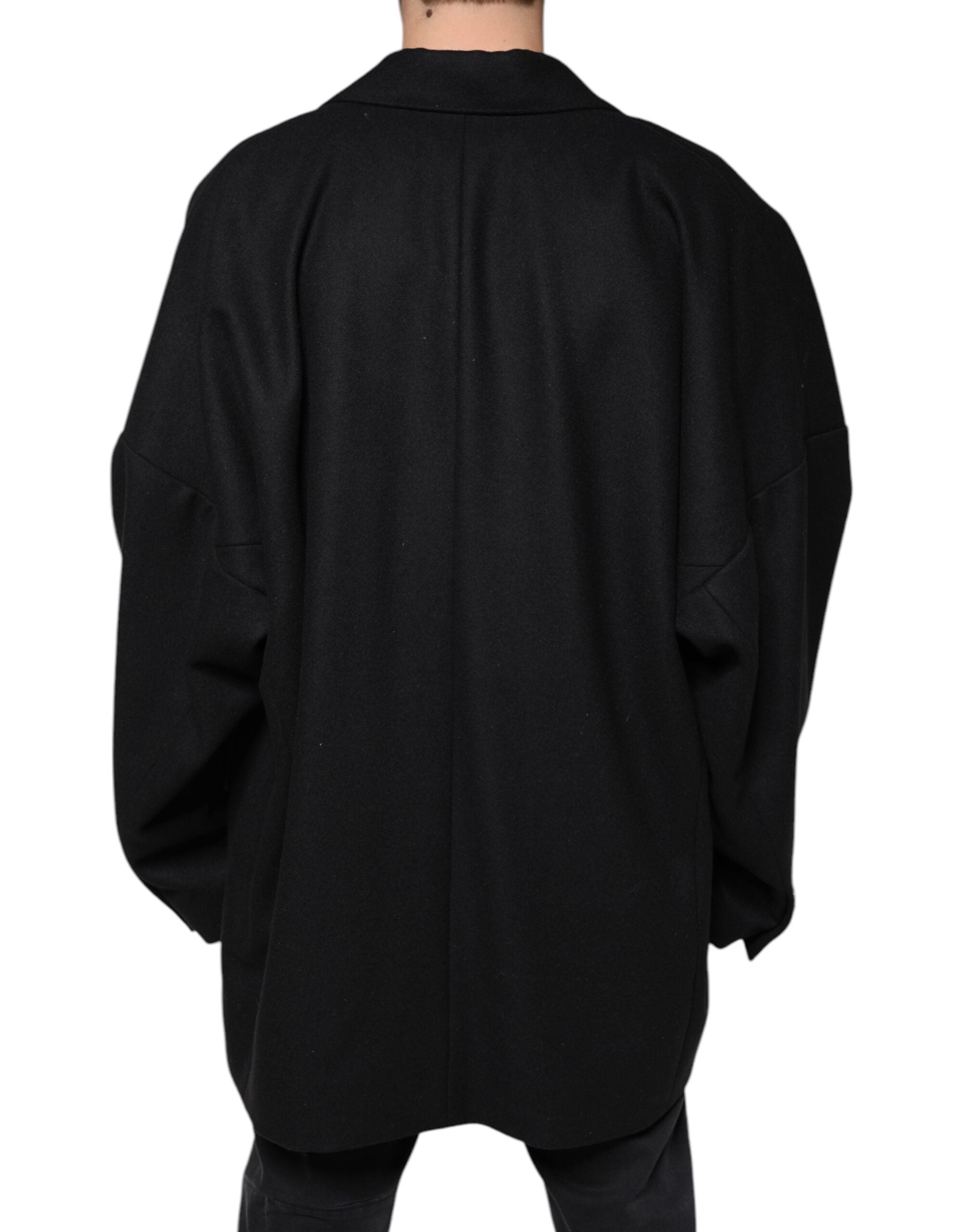 Black wool double-breasted men's coat jacket by Dolce & Gabbana, shown with tailored fit and classic lapel design.