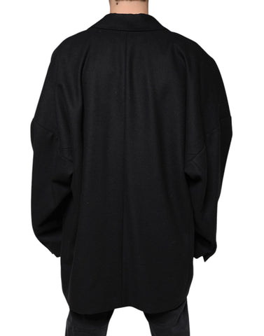 Black wool double-breasted men's coat jacket by Dolce & Gabbana, shown with tailored fit and classic lapel design.