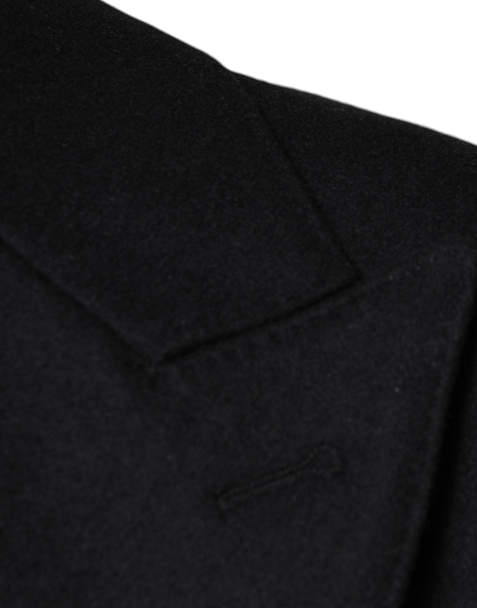 Black wool double-breasted men's coat jacket by Dolce & Gabbana, featuring classic design and tailored fit.