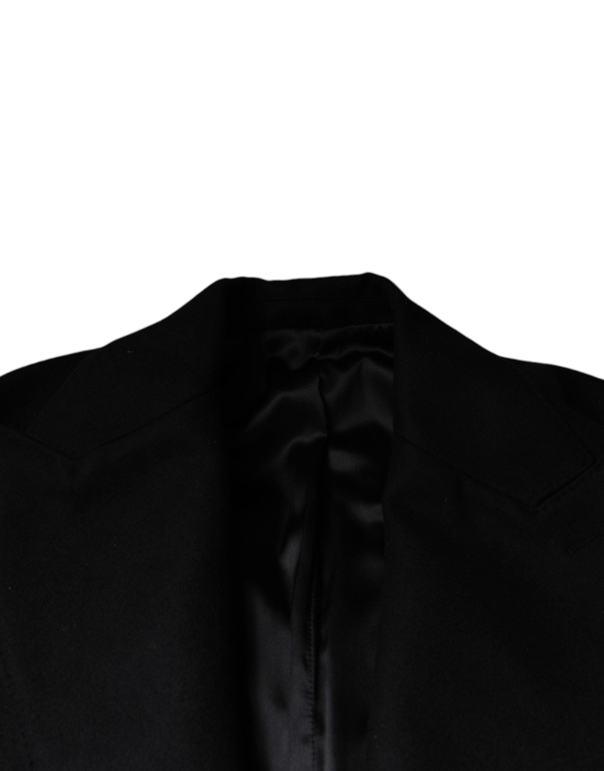 Black wool double-breasted men's coat jacket by Dolce & Gabbana, featuring classic tailoring and stylish lapels.