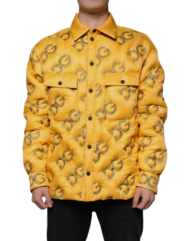 Dolce & Gabbana yellow logo padded buttoned blouson jacket with front pockets and ribbed cuffs, stylish outerwear for women.