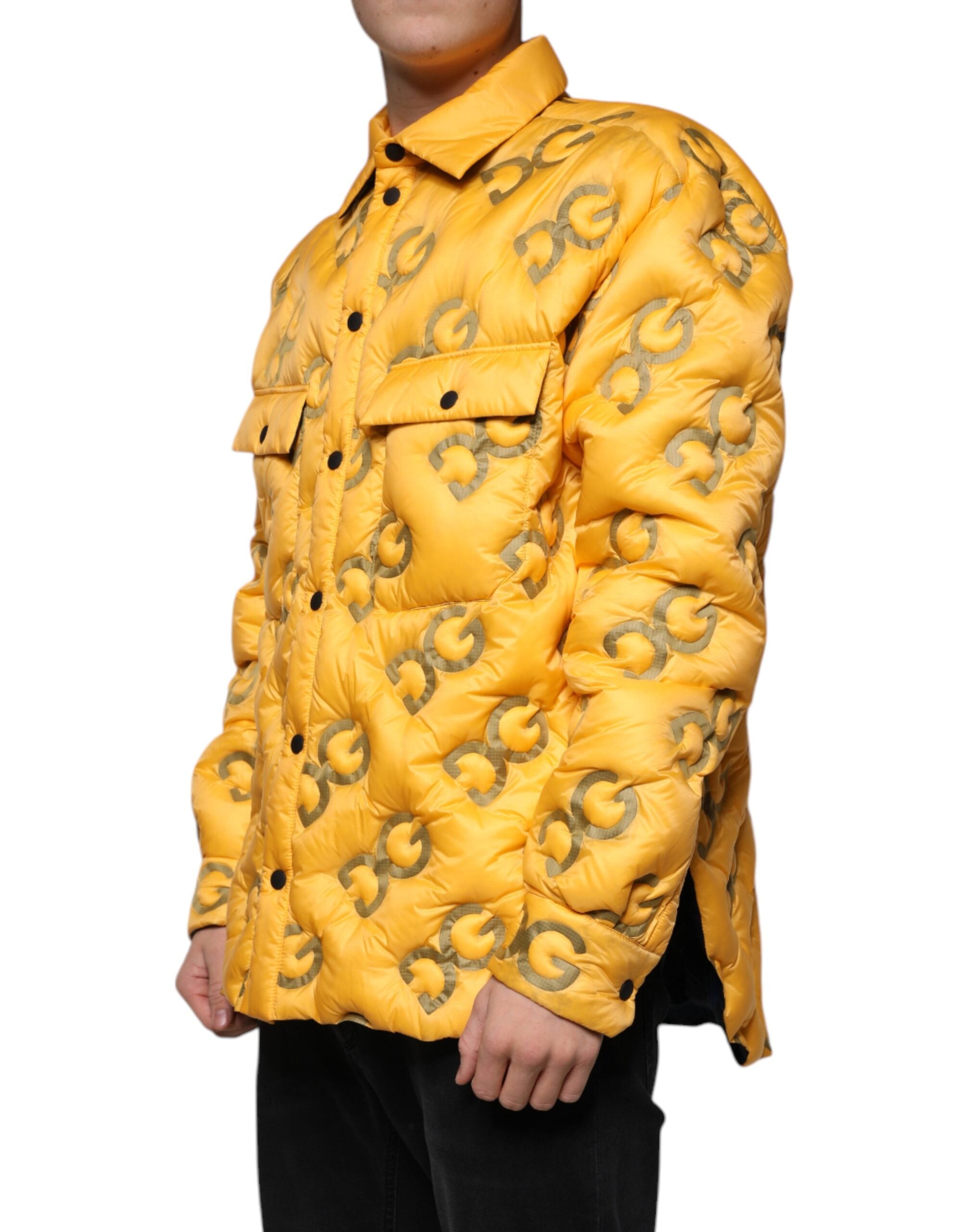 Yellow Dolce & Gabbana logo padded buttoned blouson jacket with front pockets and quilted design.