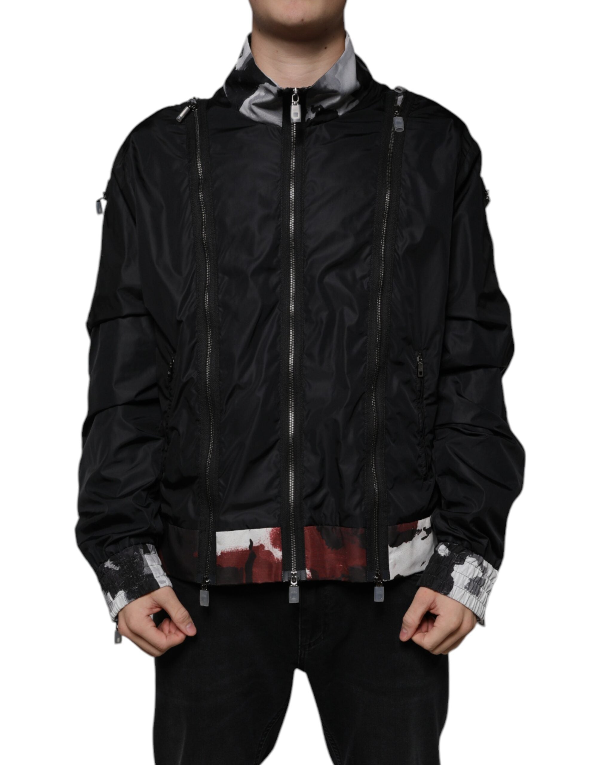 Black nylon full zip bomber jacket for men by Dolce & Gabbana, featuring a sleek design and full zip closure.