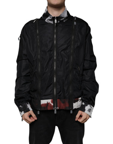 Black nylon full zip bomber jacket for men by Dolce & Gabbana, featuring a sleek design and full zip closure.