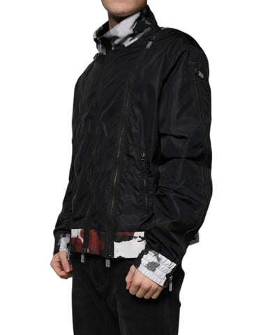 Black nylon full zip men's bomber jacket by Dolce & Gabbana, featuring a sleek design and ribbed cuffs.