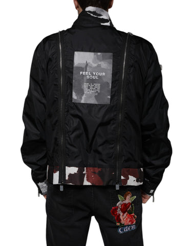 Black nylon full zip men's bomber jacket by Dolce & Gabbana, featuring a sleek design and ribbed cuffs.