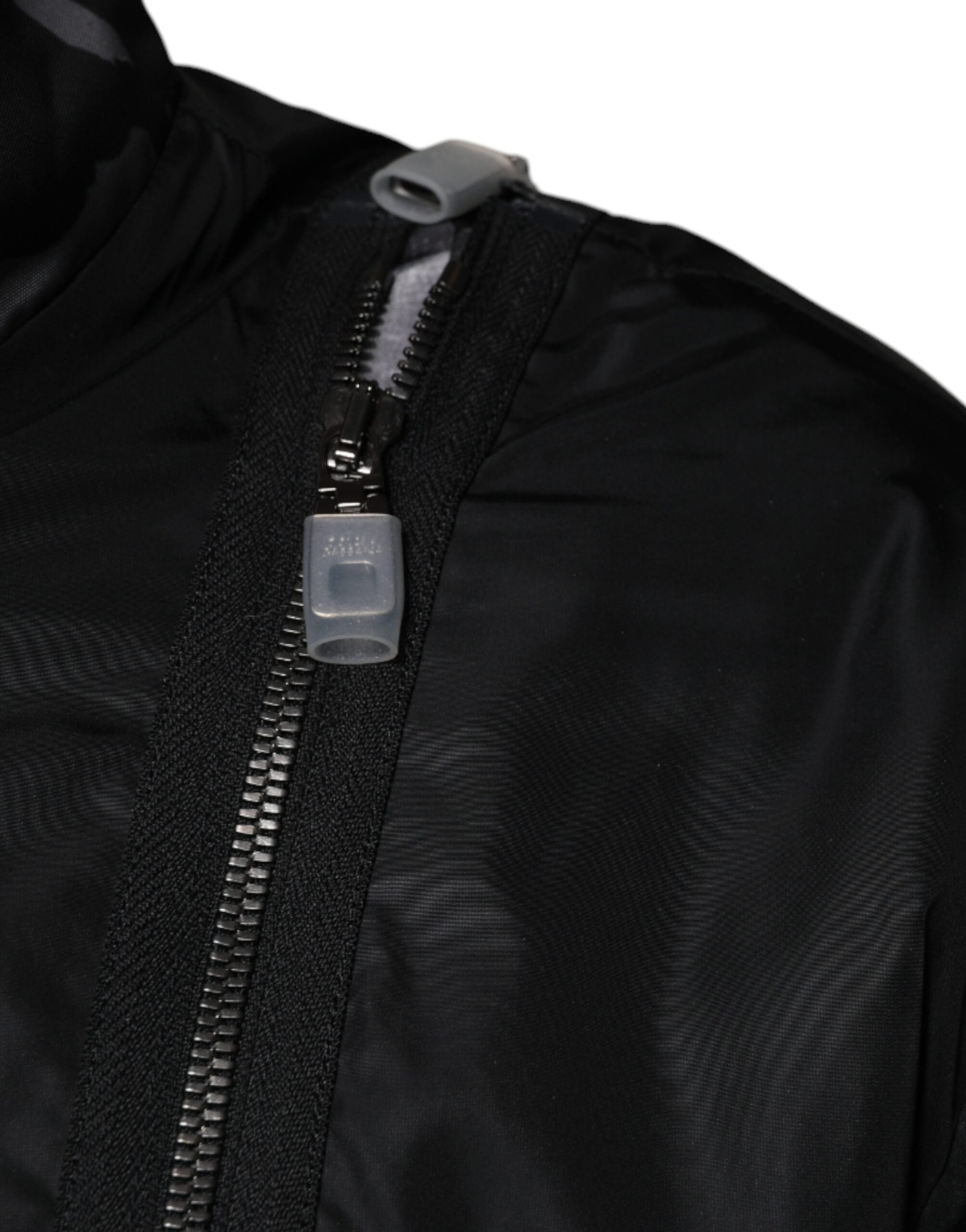 Black nylon full zip men's bomber jacket by Dolce & Gabbana, shown with front view and zip closure.