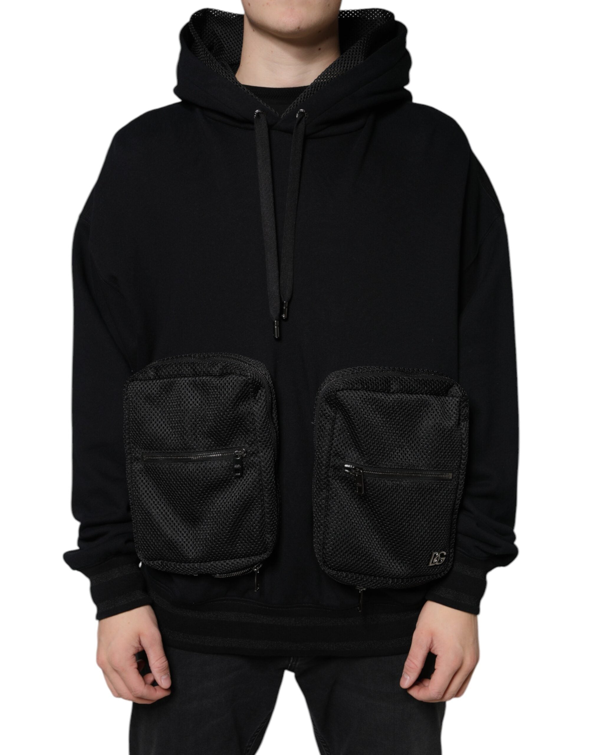 Black hooded pullover sweatshirt for men by Dolce & Gabbana, featuring a casual fit and hood with front pocket.